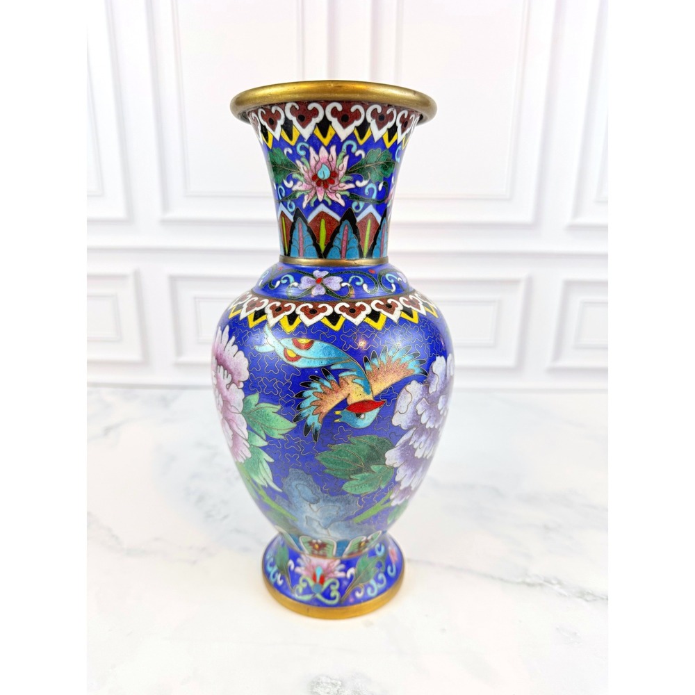 Vintage 10" Chinese Brass Cloisonné Blue Vase Floral Peony Motif